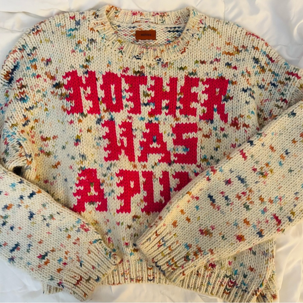 MOTHER Cream Speckled Crewneck Sweater with Pink Intarsia - Picture 6 of 10